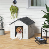 Weatherproof Plastic Dog Kennel with Cottage Windows & Large Door – Medium Dogs, Grey and White