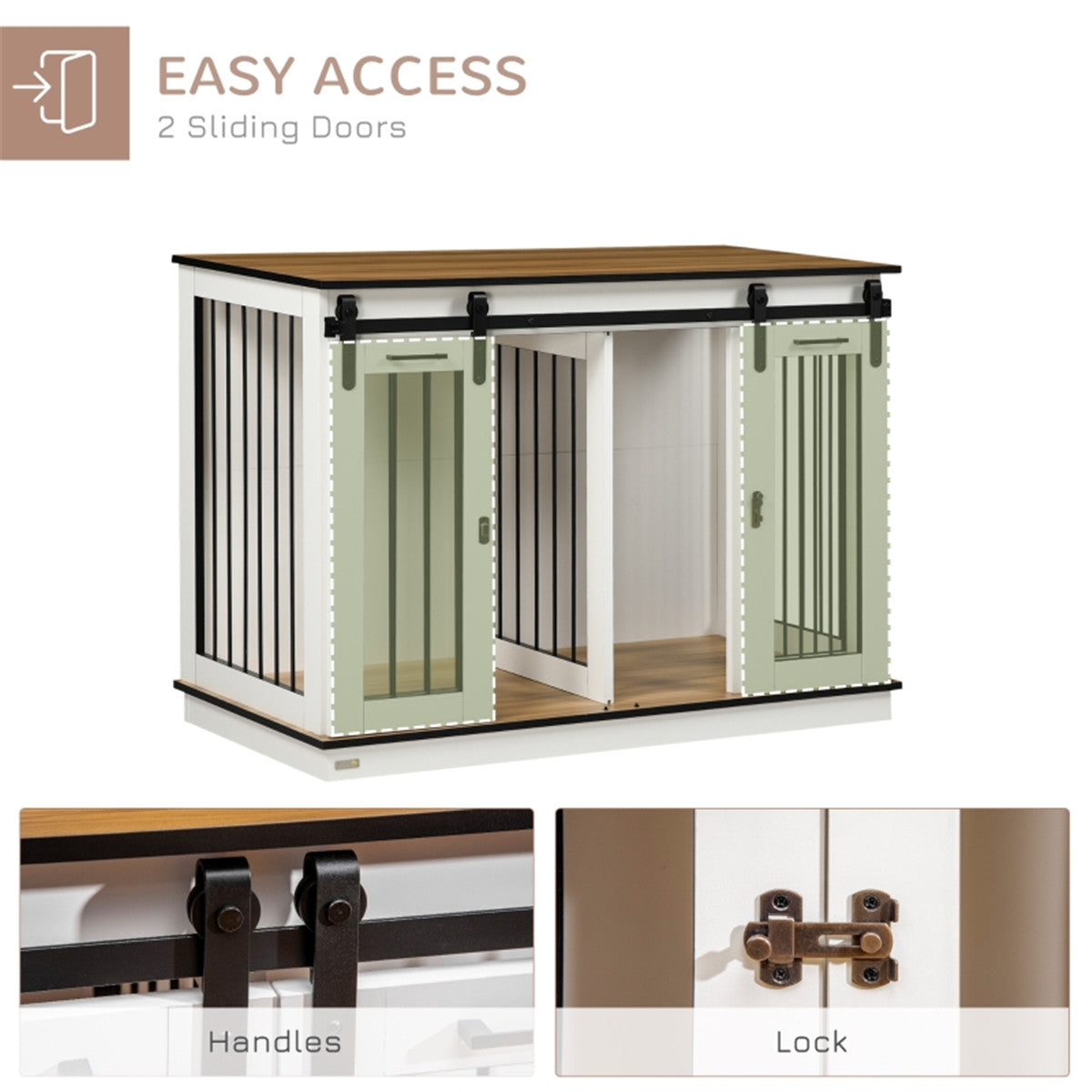 Dog Crate Furniture Side Table with Divider & 2 Lockable Sliding Doors – Large or 2 Small Dogs, White & Oak