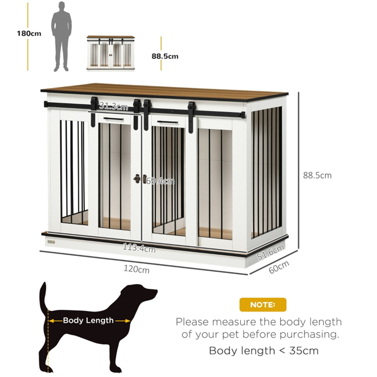 Dog Crate Furniture Side Table with Divider & 2 Lockable Sliding Doors – Large or 2 Small Dogs, White & Oak
