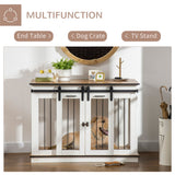 Dog Crate Furniture Side Table with Divider & 2 Lockable Sliding Doors – Large or 2 Small Dogs, White & Oak
