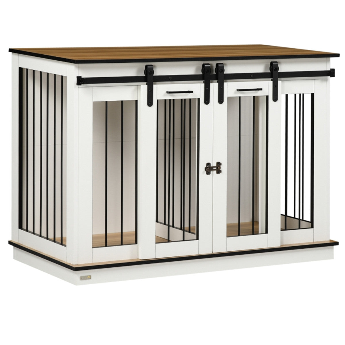 Dog Crate Furniture Side Table with Divider & 2 Lockable Sliding Doors – Large or 2 Small Dogs, White & Oak