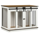 Dog Crate Furniture Side Table with Divider & 2 Lockable Sliding Doors – Large or 2 Small Dogs, White & Oak