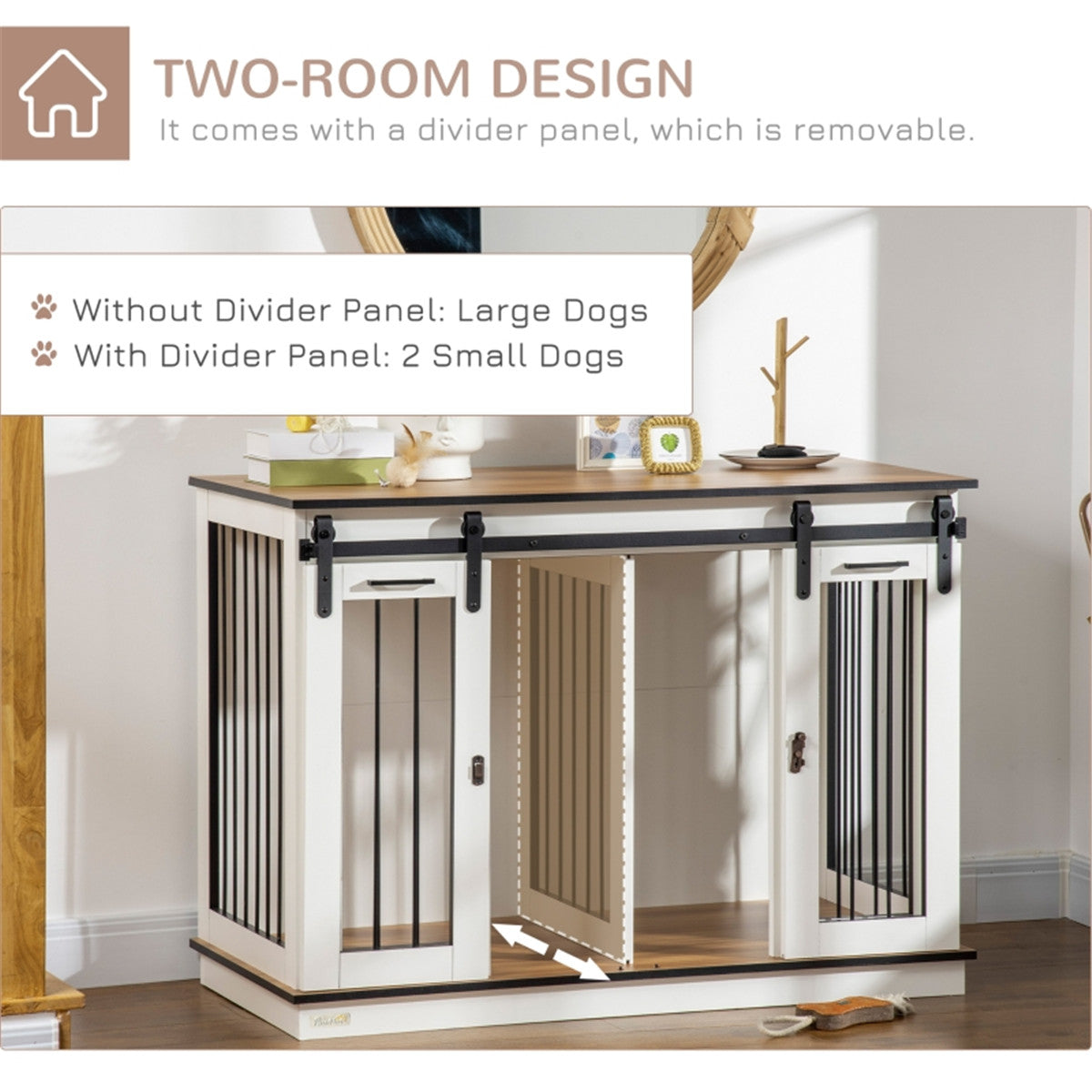 Dog Crate Furniture Side Table with Divider & 2 Lockable Sliding Doors – Large or 2 Small Dogs, White & Oak
