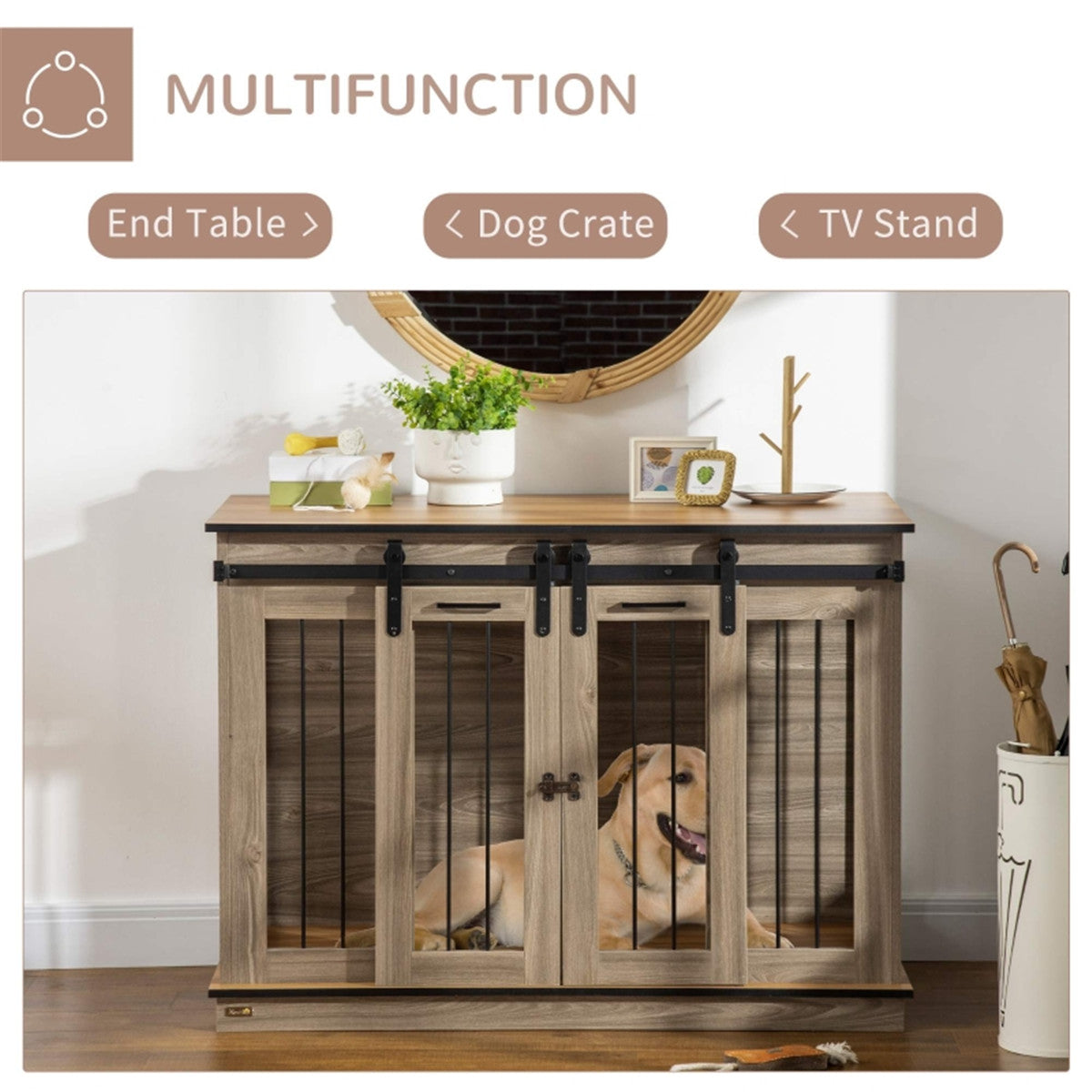 Dog Crate Furniture with Divider & Two Sliding Doors – 120cm Kennel for One Large or Two Small Dogs, Oak Tone
