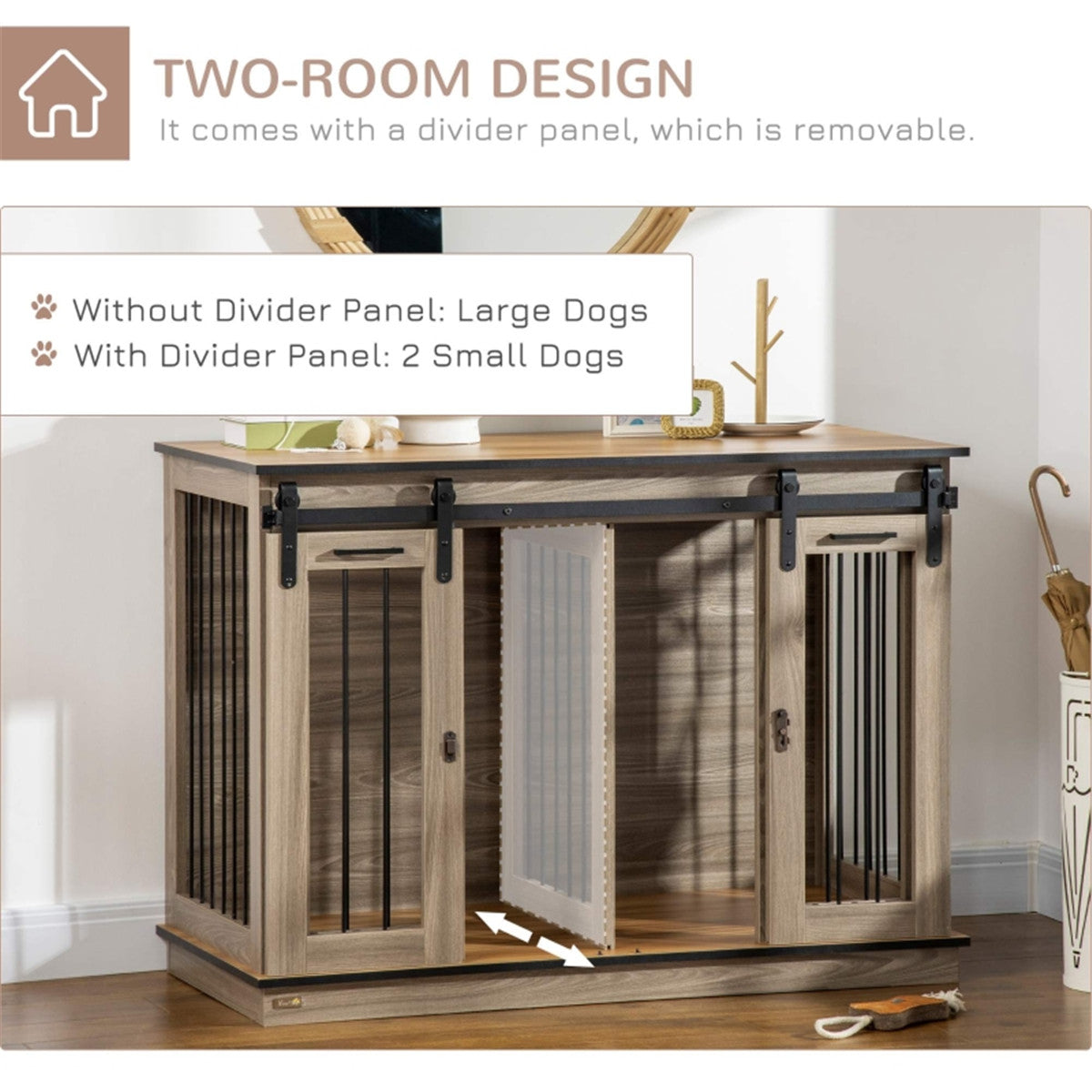 Dog Crate Furniture with Divider & Two Sliding Doors – 120cm Kennel for One Large or Two Small Dogs, Oak Tone