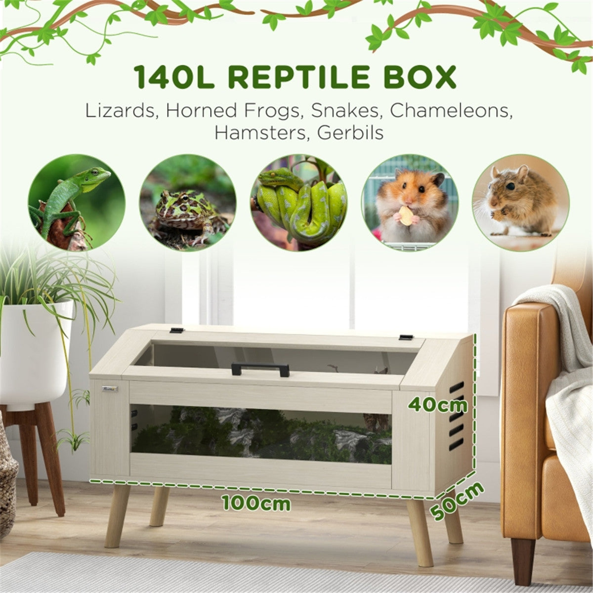 Reptile Vivarium with Glass Windows, Opening Top & 10 Air Vents – 140L Terrarium for Lizards & Snakes, Oak Tone