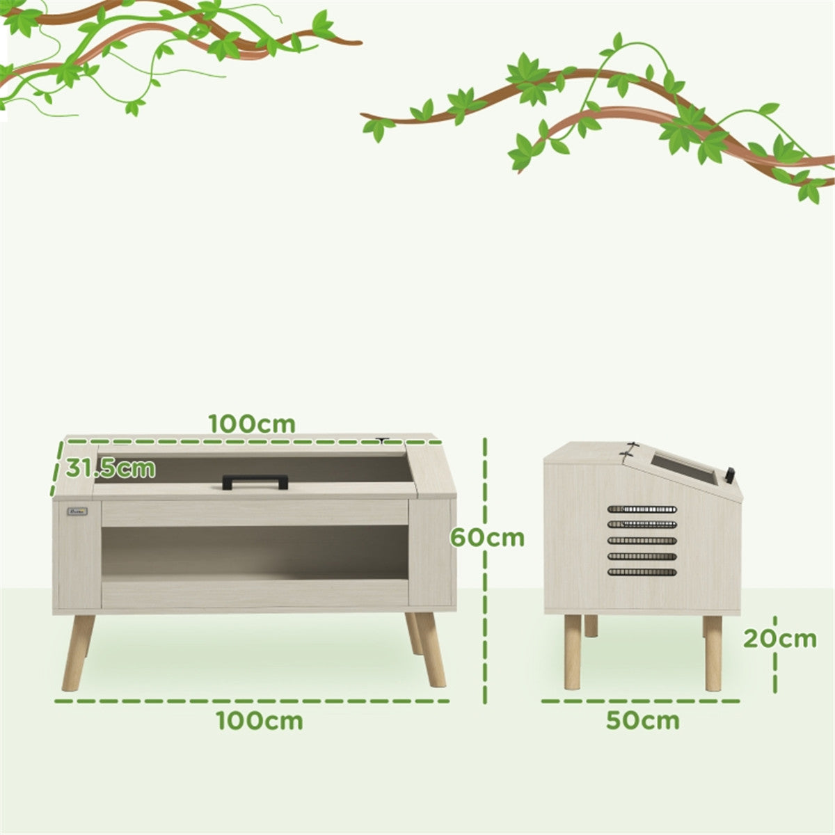 Reptile Vivarium with Glass Windows, Opening Top & 10 Air Vents – 140L Terrarium for Lizards & Snakes, Oak Tone