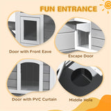 2-Floor Wooden Cat House with Asphalt Roof, Escape Door & Jumping Platforms – Indoor/Outdoor Fir Wood Shelter, White