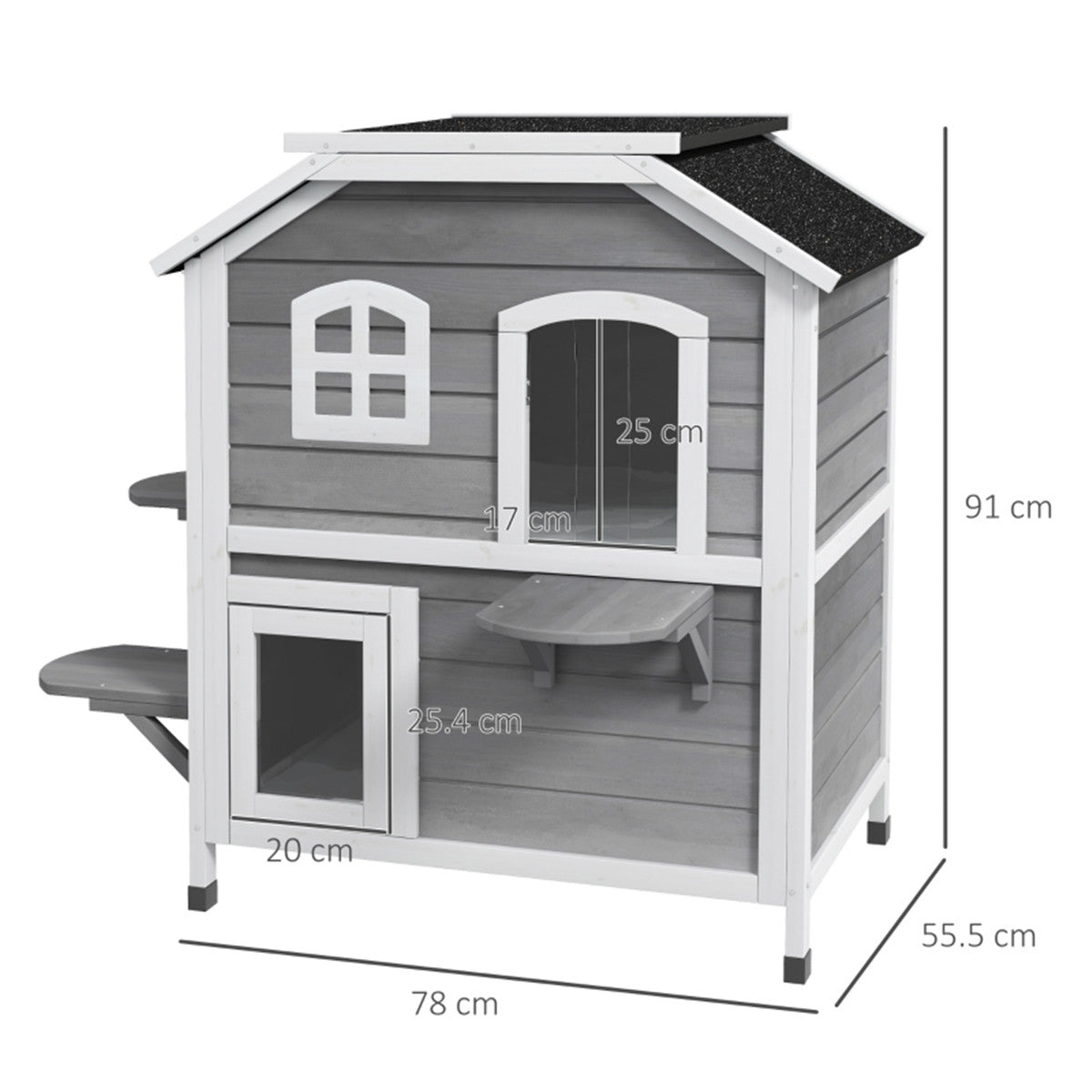 2-Floor Wooden Cat House with Asphalt Roof, Escape Door & Jumping Platforms – Indoor/Outdoor Fir Wood Shelter, White