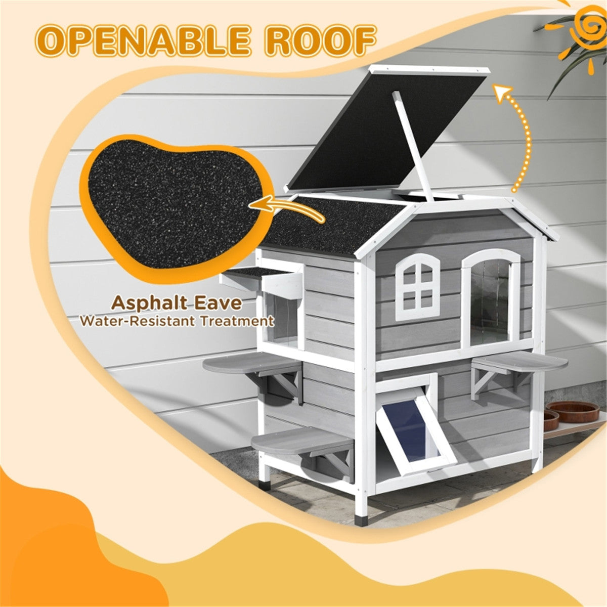 2-Floor Wooden Cat House with Asphalt Roof, Escape Door & Jumping Platforms – Indoor/Outdoor Fir Wood Shelter, White