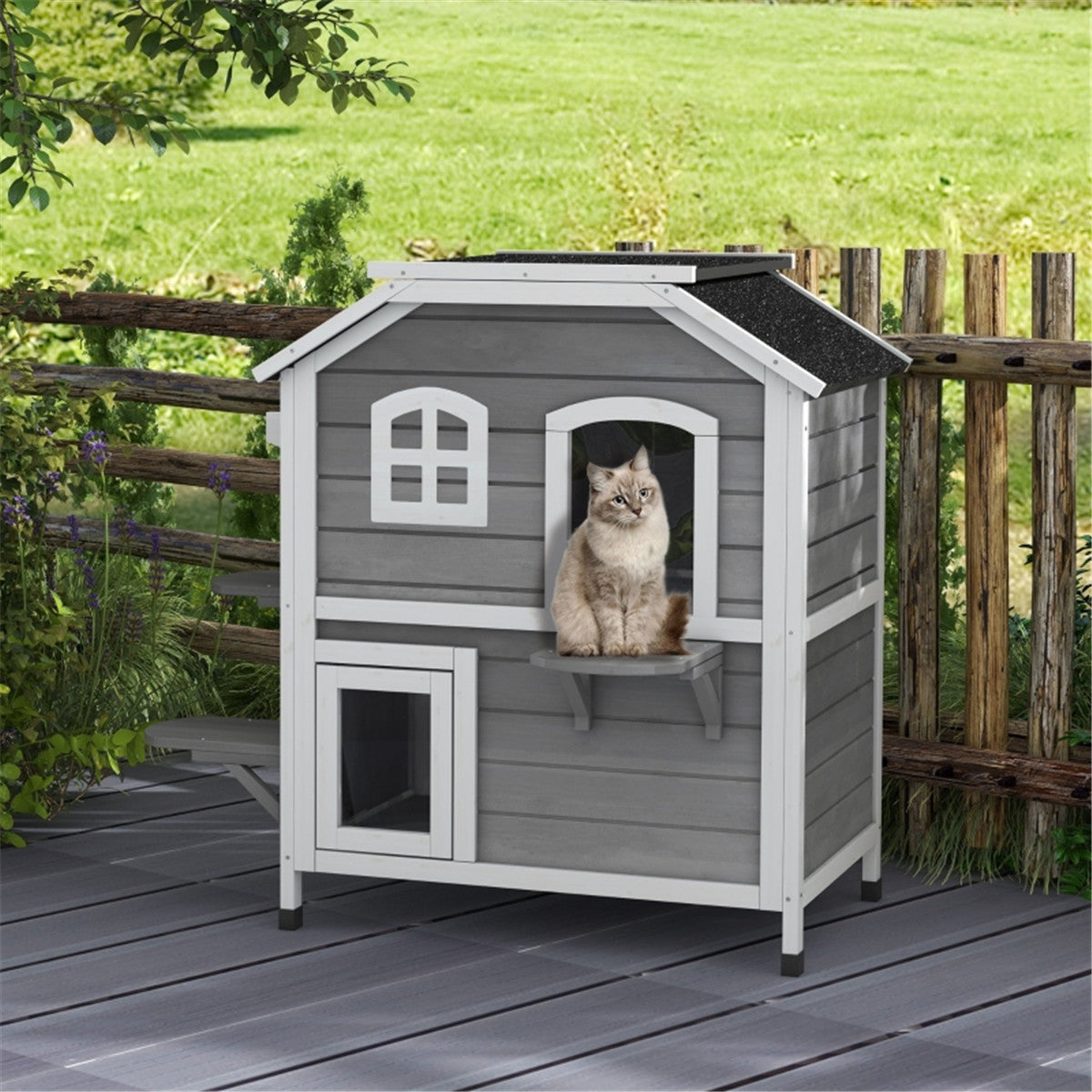 2-Floor Wooden Cat House with Asphalt Roof, Escape Door & Jumping Platforms – Indoor/Outdoor Fir Wood Shelter, White