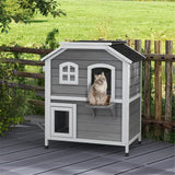 2-Floor Wooden Cat House with Asphalt Roof, Escape Door & Jumping Platforms – Indoor/Outdoor Fir Wood Shelter, White