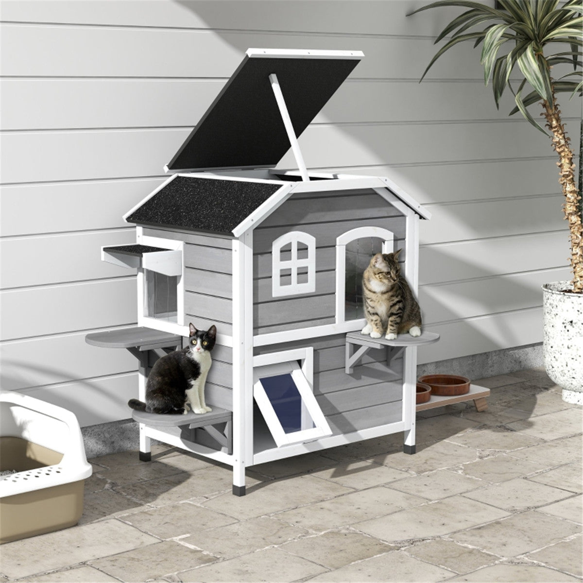 2-Floor Wooden Cat House with Asphalt Roof, Escape Door & Jumping Platforms – Indoor/Outdoor Fir Wood Shelter, White