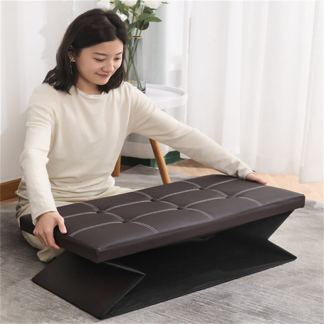 Large Folding Storage Ottoman Bench, 110L – Padded Faux Leather Pouffe, Toy and Blanket Chest, Black