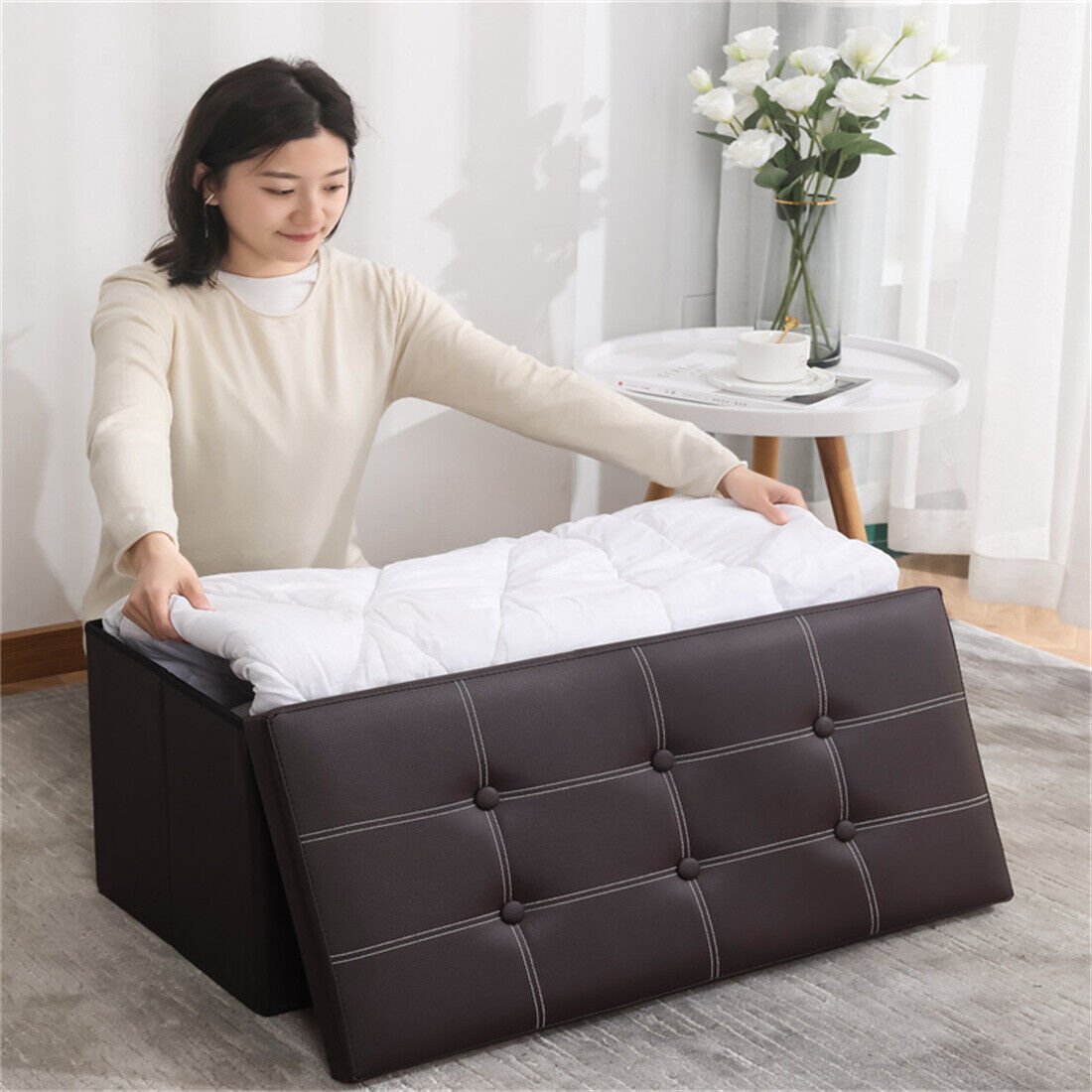 Large Folding Storage Ottoman Bench, 110L – Padded Faux Leather Pouffe, Toy and Blanket Chest, Black