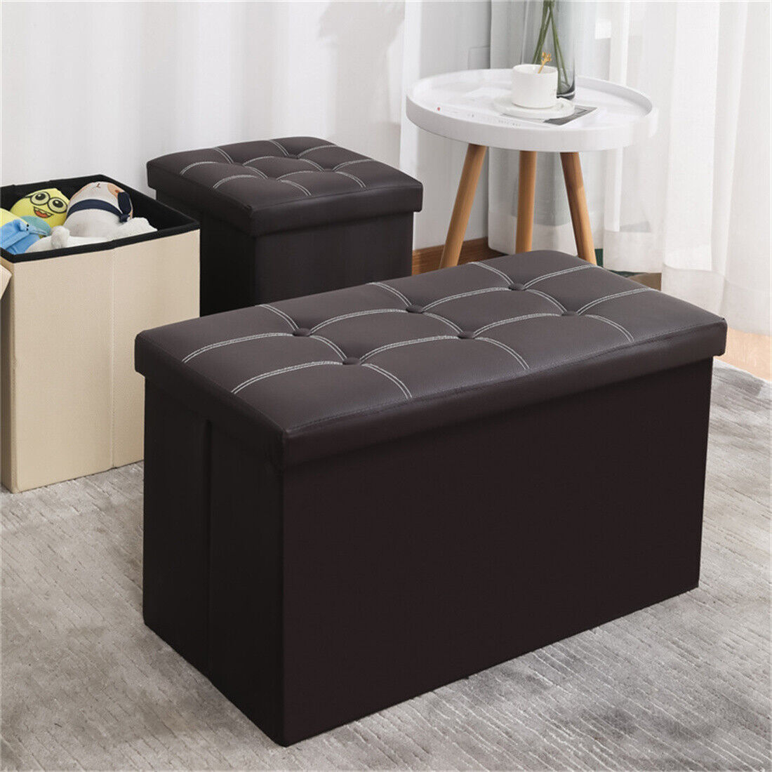 Large Folding Storage Ottoman Bench, 110L – Padded Faux Leather Pouffe, Toy and Blanket Chest, Black