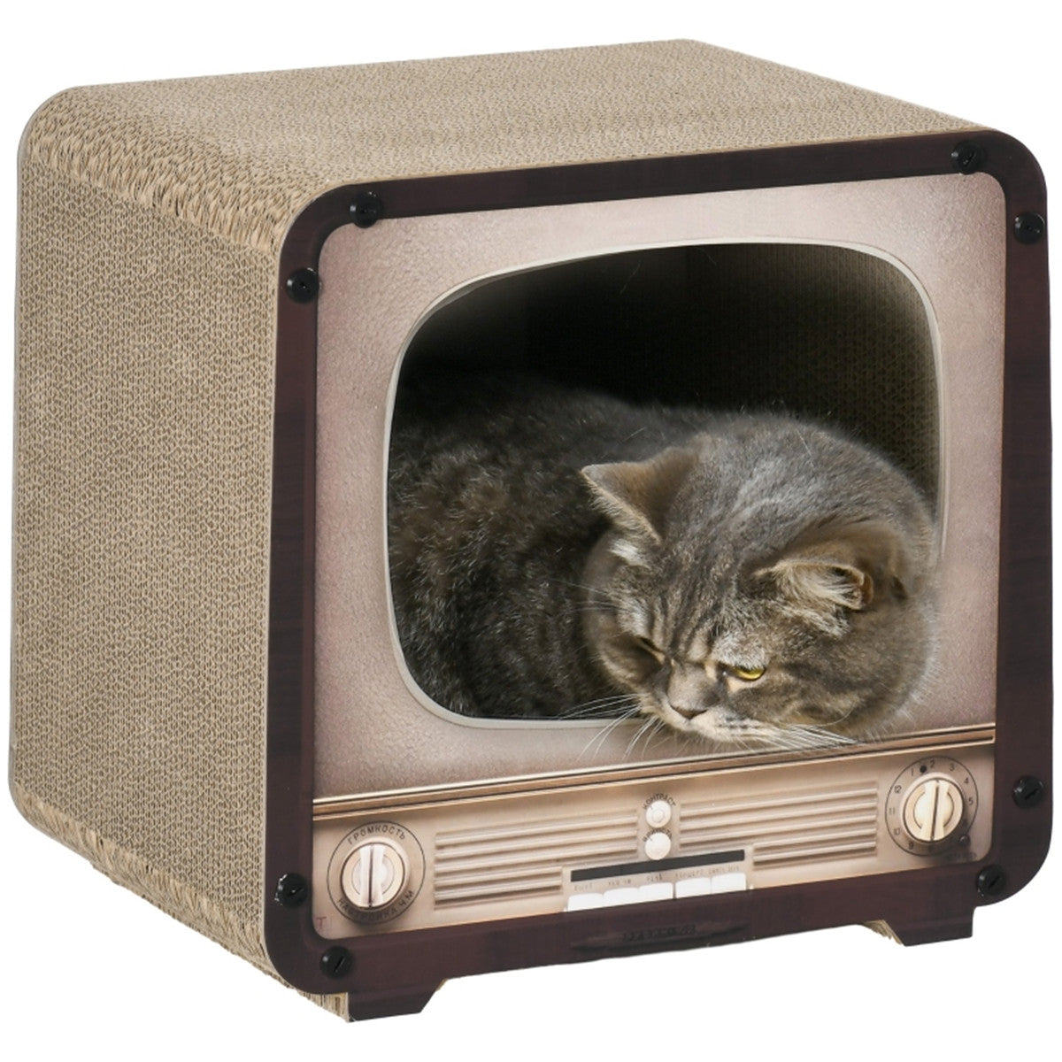 Cat Scratching House with Catnip – Vintage TV-Shaped Corrugated Cardboard Cat Scratcher and Cosy Den, Brown