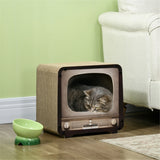 Cat Scratching House with Catnip – Vintage TV-Shaped Corrugated Cardboard Cat Scratcher and Cosy Den, Brown