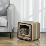 Cat Scratching House with Catnip – Vintage TV-Shaped Corrugated Cardboard Cat Scratcher and Cosy Den, Brown