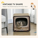 Cat Scratching House with Catnip – Vintage TV-Shaped Corrugated Cardboard Cat Scratcher and Cosy Den, Brown
