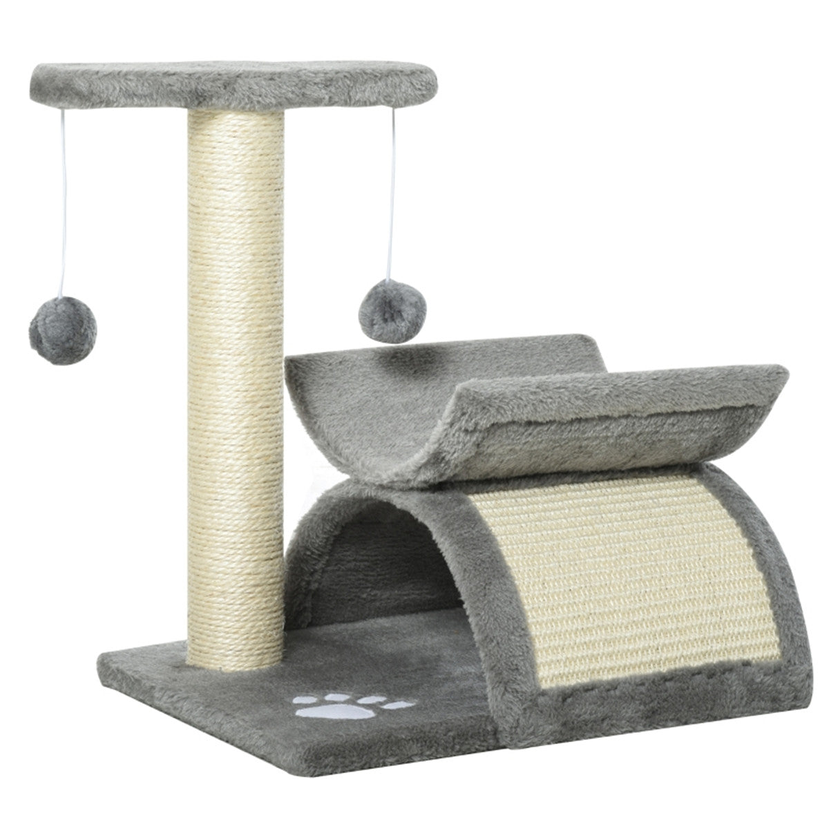 PawHut Cat Tree with Scratching Bridge, Half Round Tunnel & Rotatable Pole – Light Grey
