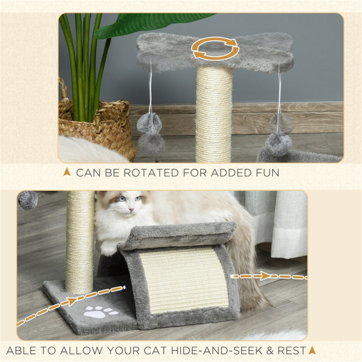 PawHut Cat Tree with Scratching Bridge, Half Round Tunnel & Rotatable Pole – Light Grey