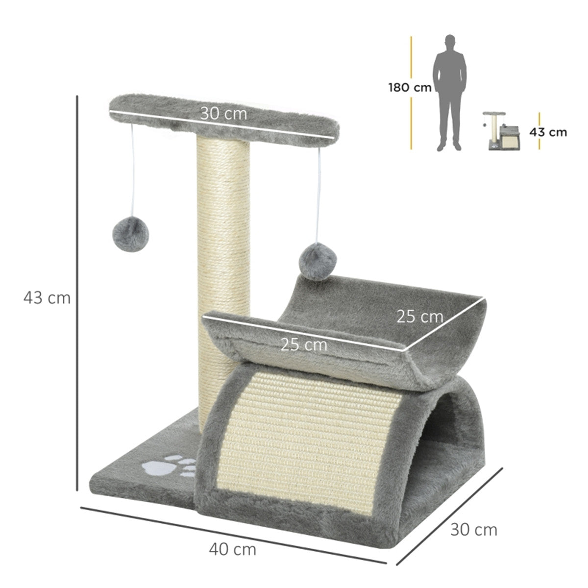 PawHut Cat Tree with Scratching Bridge, Half Round Tunnel & Rotatable Pole – Light Grey