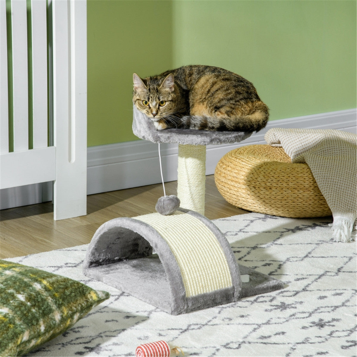Compact Cat Tree with Sisal Scratching Posts & Hanging Toy Ball – Lightweight Cat Scratcher, Beige and Grey