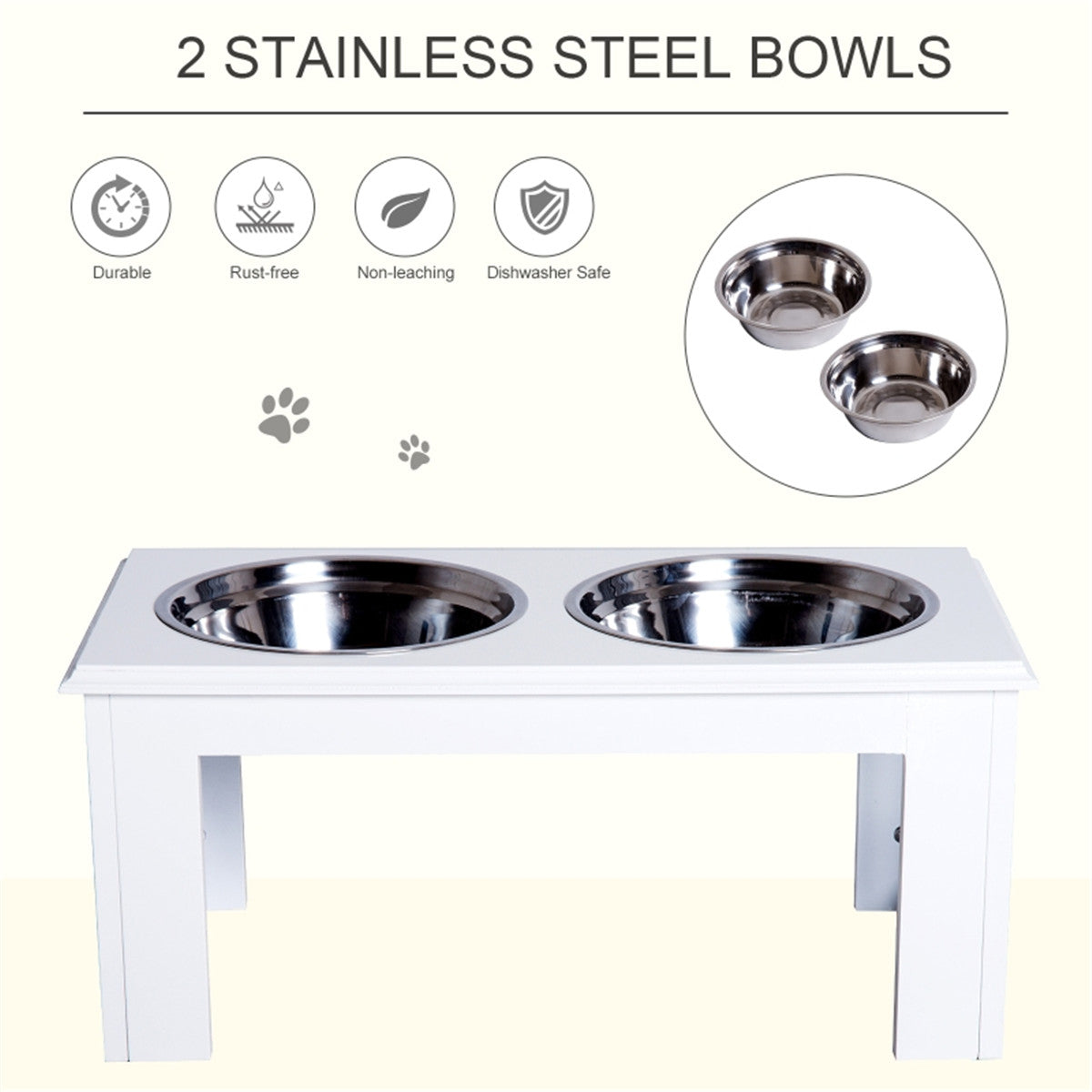Raised Pet Feeder with Stainless Steel Double Dog Bowls – Elevated Food and Water Stand, White