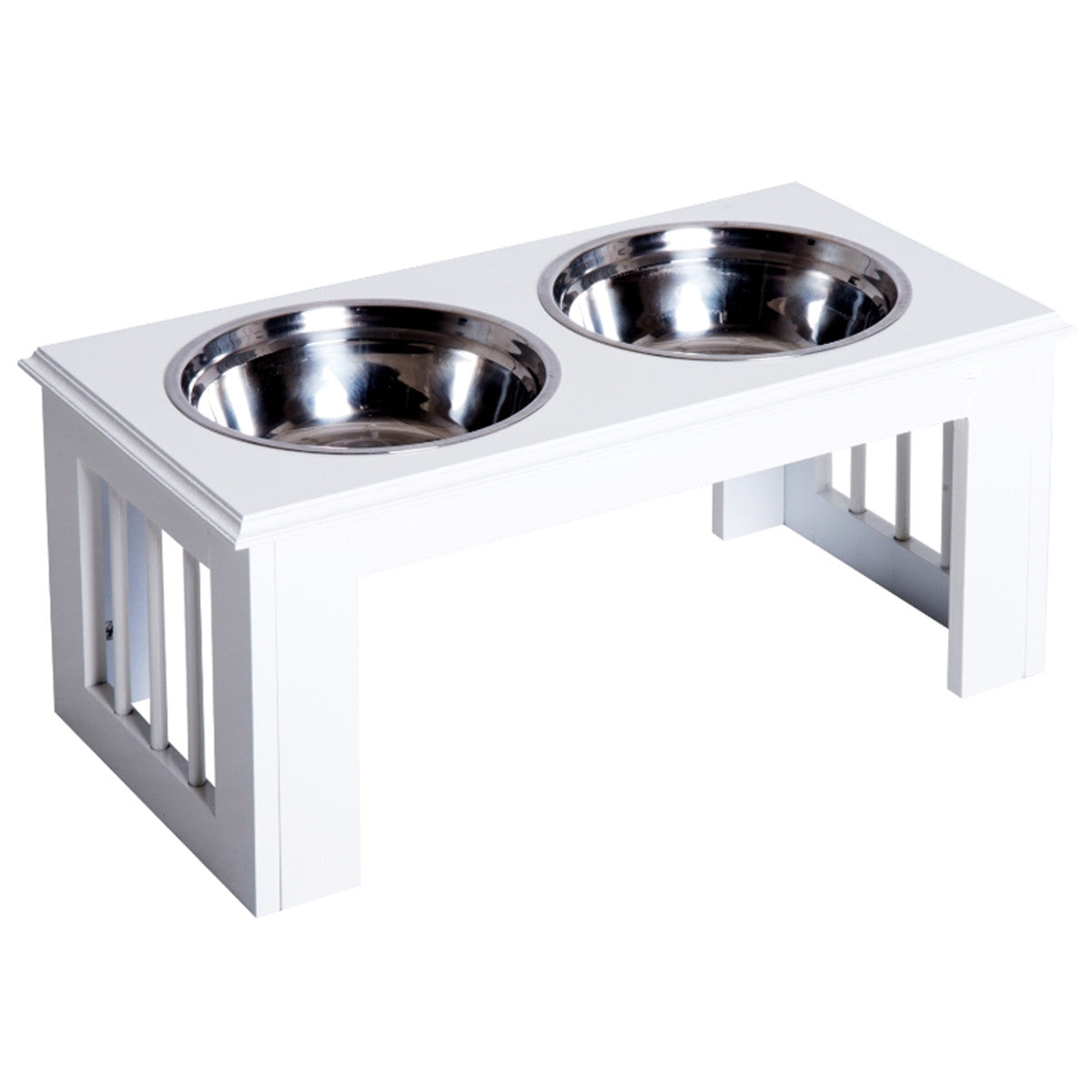 Raised Pet Feeder with Stainless Steel Double Dog Bowls – Elevated Food and Water Stand, White
