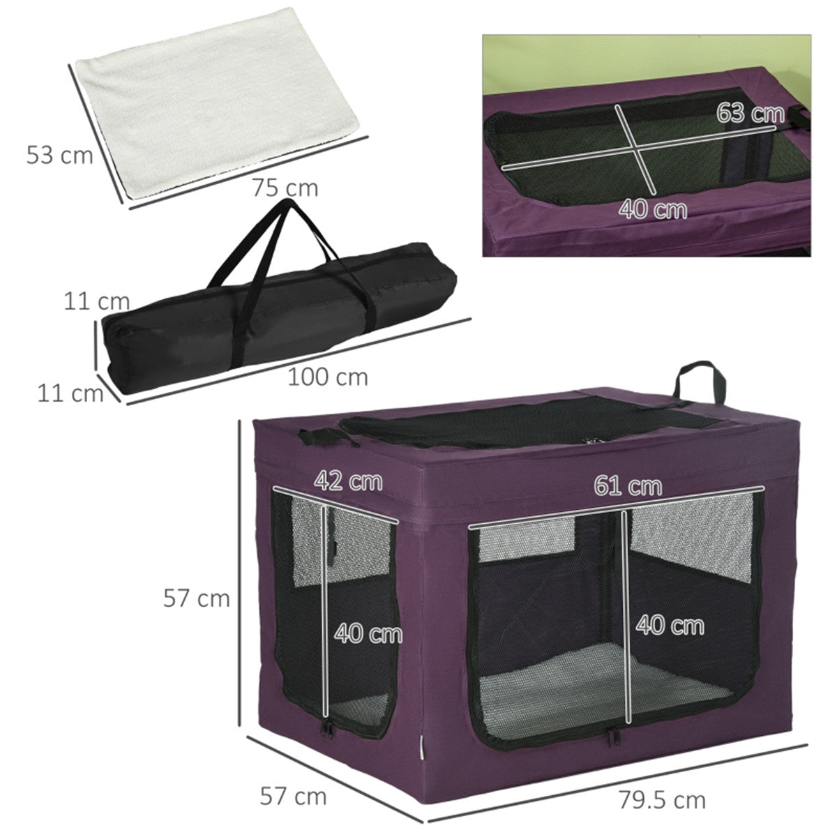 Foldable Pet Carrier Bag for Small & Medium Dogs with Removable Cushion & Three Doors – Purple and Black