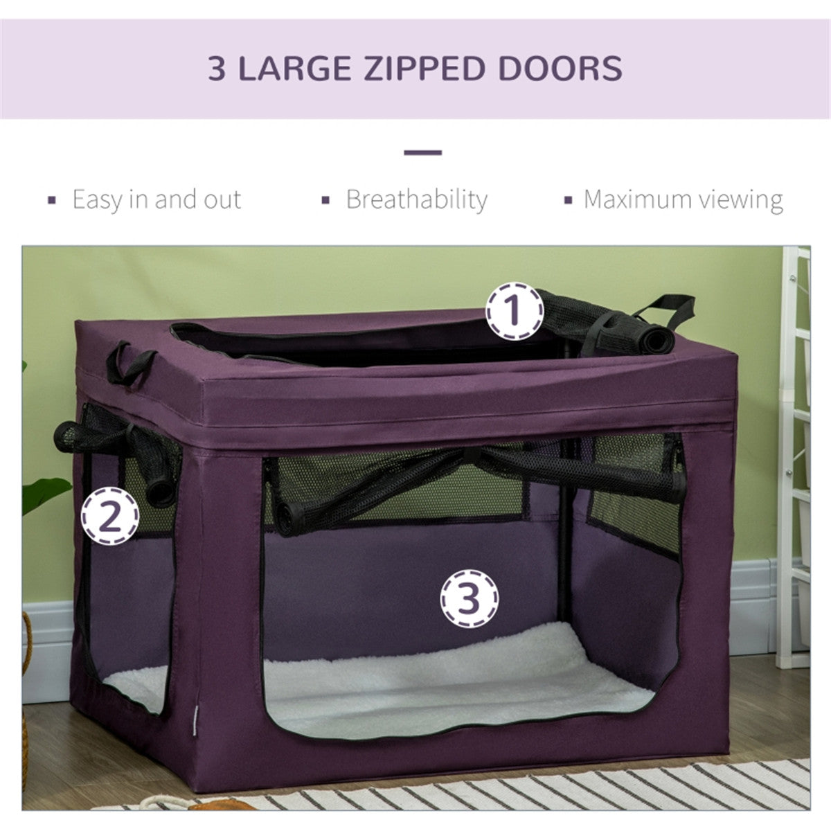 Foldable Pet Carrier Bag for Small & Medium Dogs with Removable Cushion & Three Doors – Purple and Black