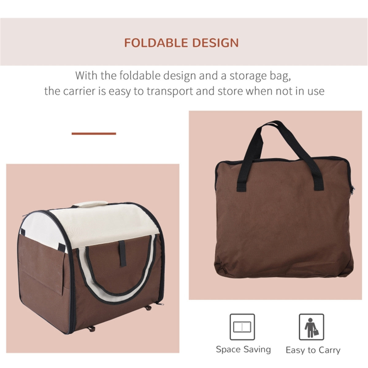 Foldable Pet Carrier House for Cats & Mini Dogs with Removable Cushion, Mesh Windows – Oxford Fabric, Brown