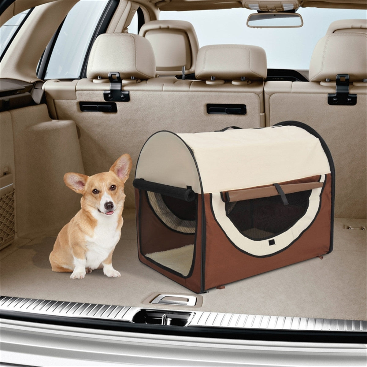 Foldable Pet Carrier House for Cats & Mini Dogs with Removable Cushion, Mesh Windows – Oxford Fabric, Brown