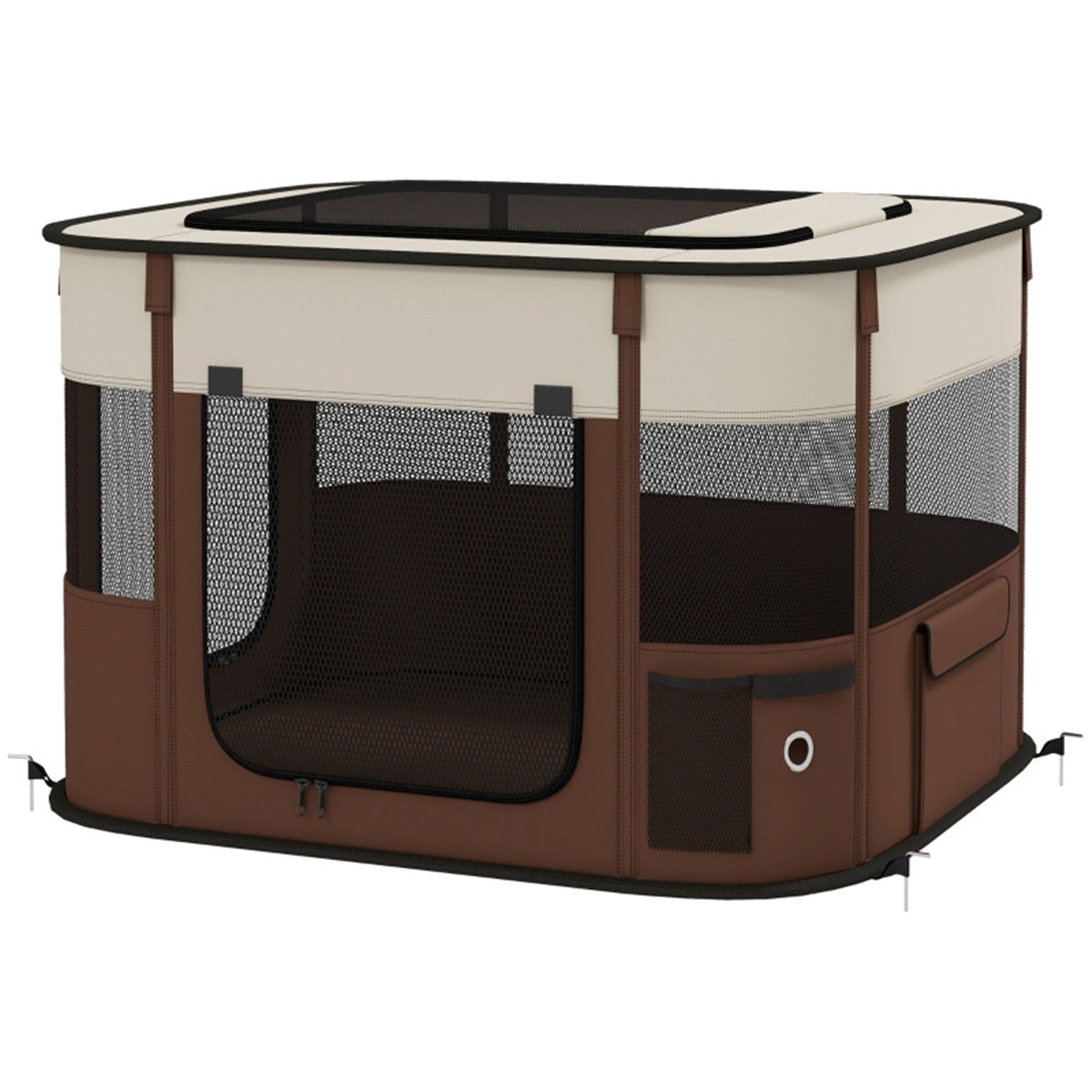 Foldable Pet Playpen with Mesh Windows & Doors for Small Animals – Indoor and Outdoor Use, Brown and Cream