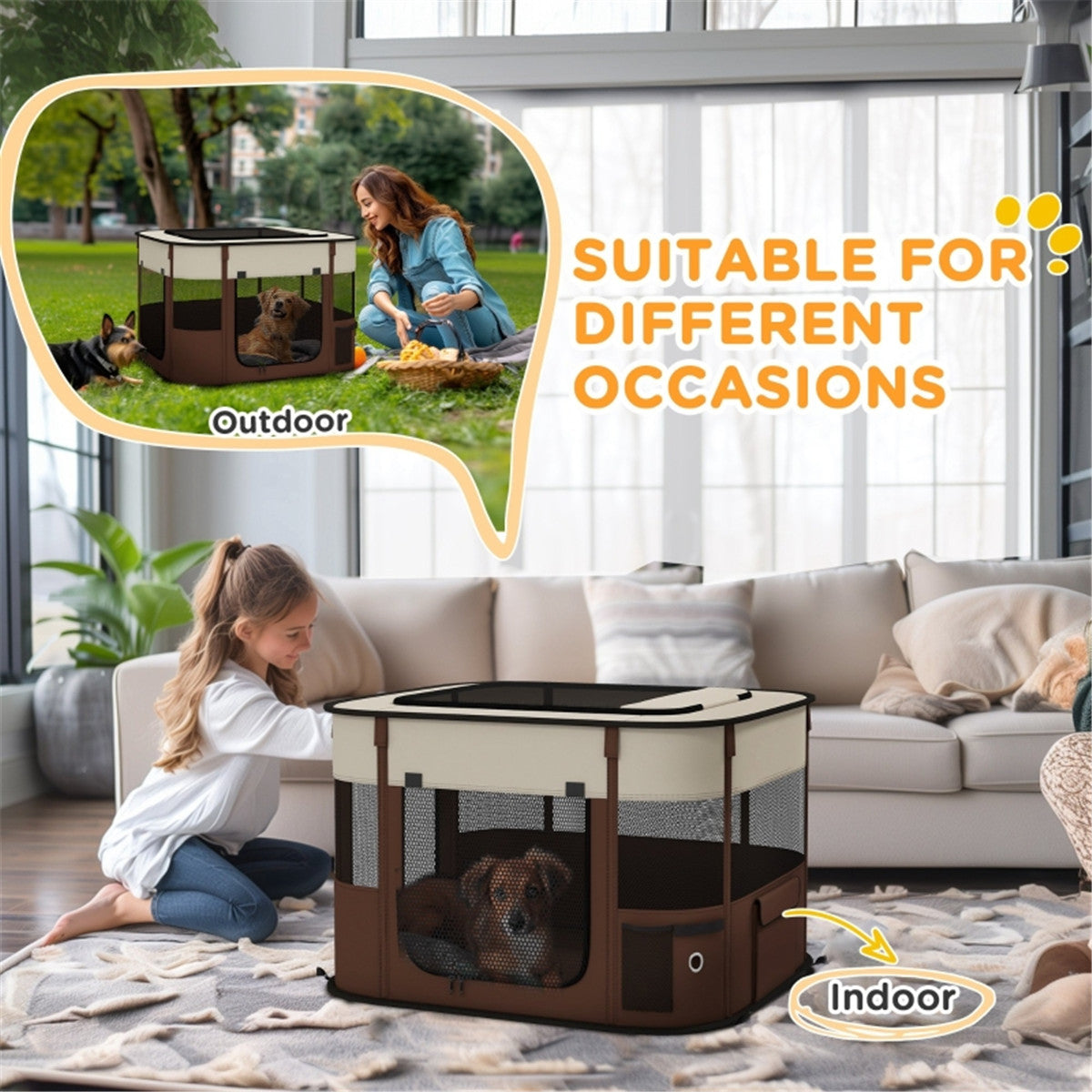 Foldable Pet Playpen with Mesh Windows & Doors for Small Animals – Indoor and Outdoor Use, Brown and Cream