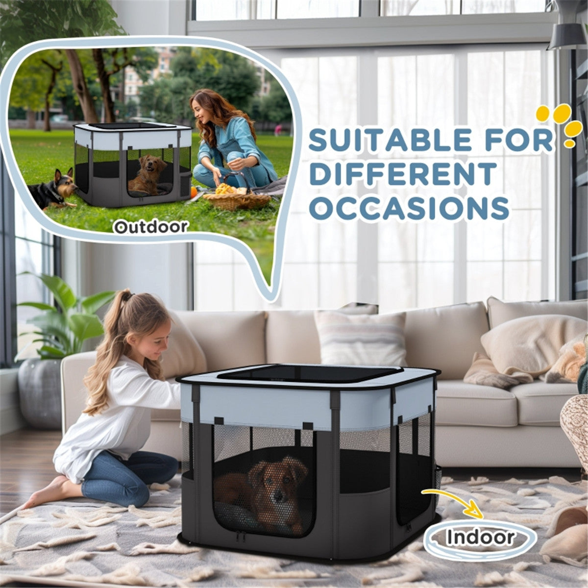 Foldable Pet Playpen with Mesh Windows & Doors for Small Animals – Indoor and Outdoor Use, Grey and Blue