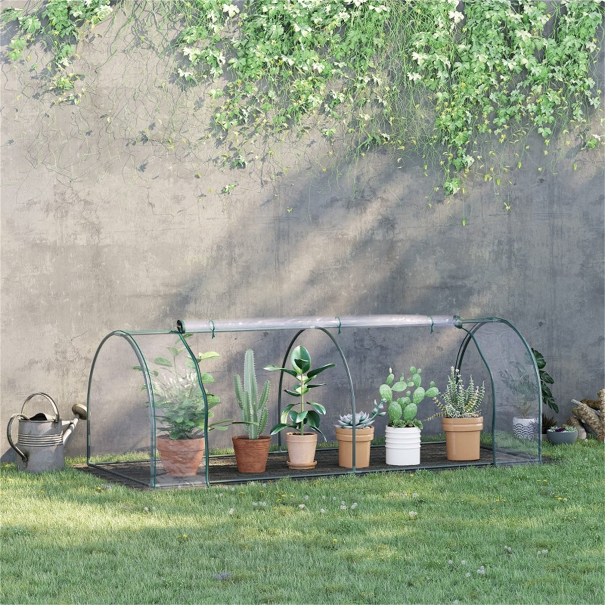 Mini Tunnel Greenhouse with Steel Frame, PVC Cover & Roll-Up Zipped Door – 250 x 100 x 80cm, Transparent