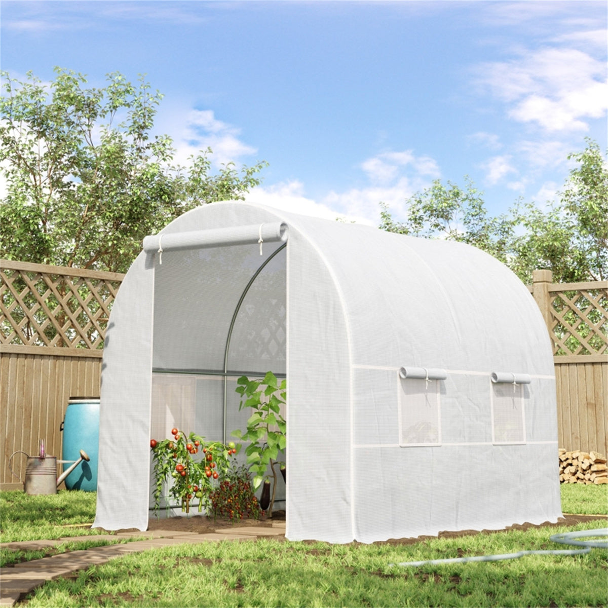 Walk-in Polytunnel Greenhouse with Steel Frame & Large Door – 2.45 x 2 x 2m Garden Grow House, White