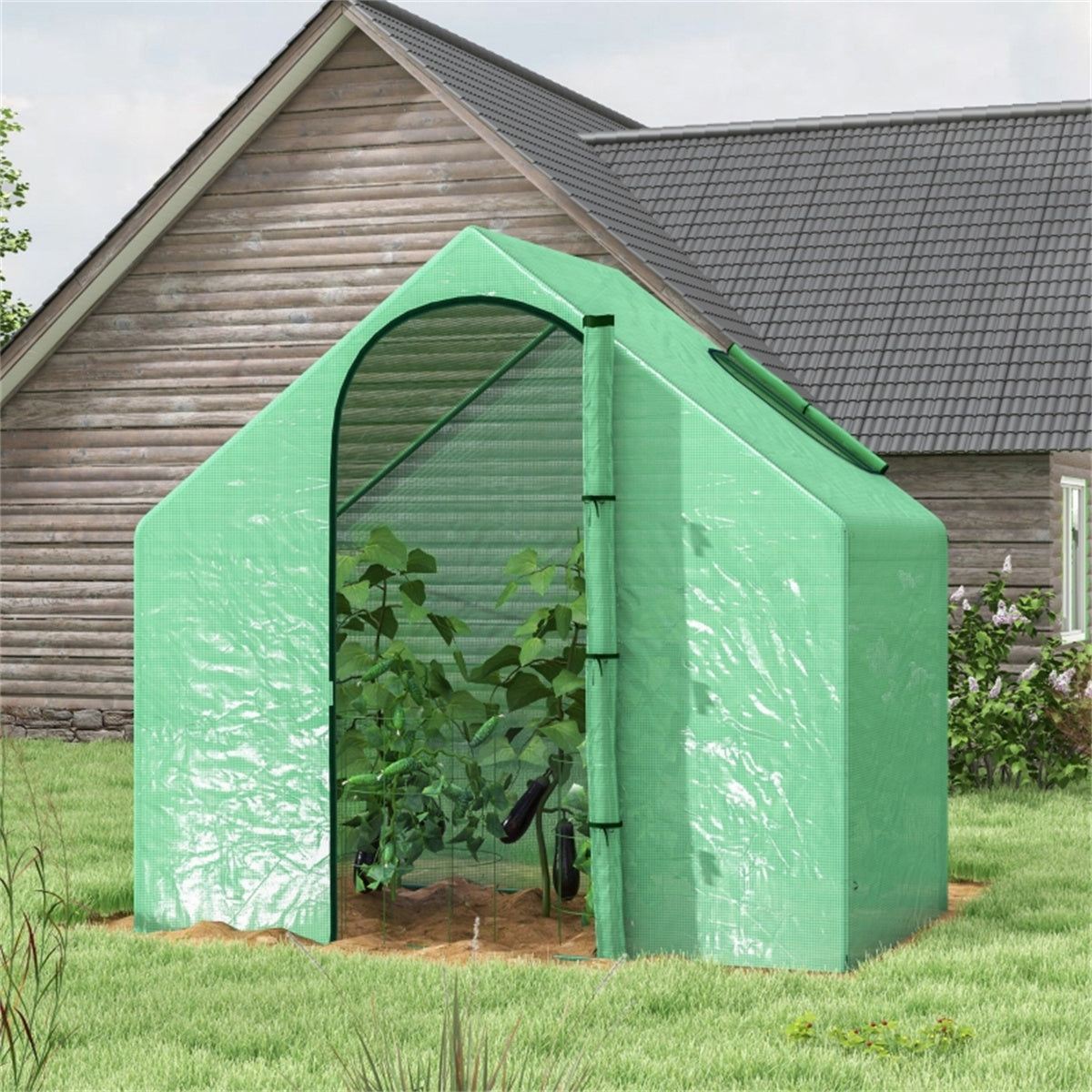 Mini Walk-in Greenhouse with Zipped Door & Rear Window – UV-Resistant PE Cover Grow House, 180 x 100 x 168cm, Green