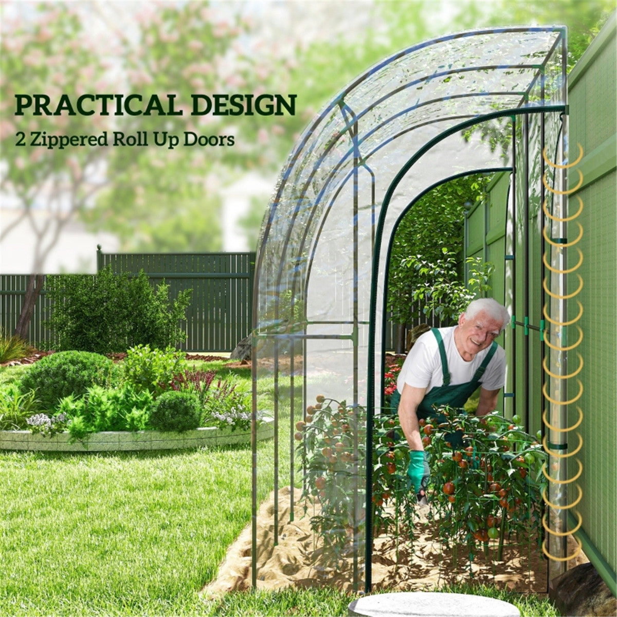 Walk-In Lean-to Wall Tunnel Greenhouse with Steel Frame & 2 Zipped Doors – 214 x 118 x 212cm, Clear & Green