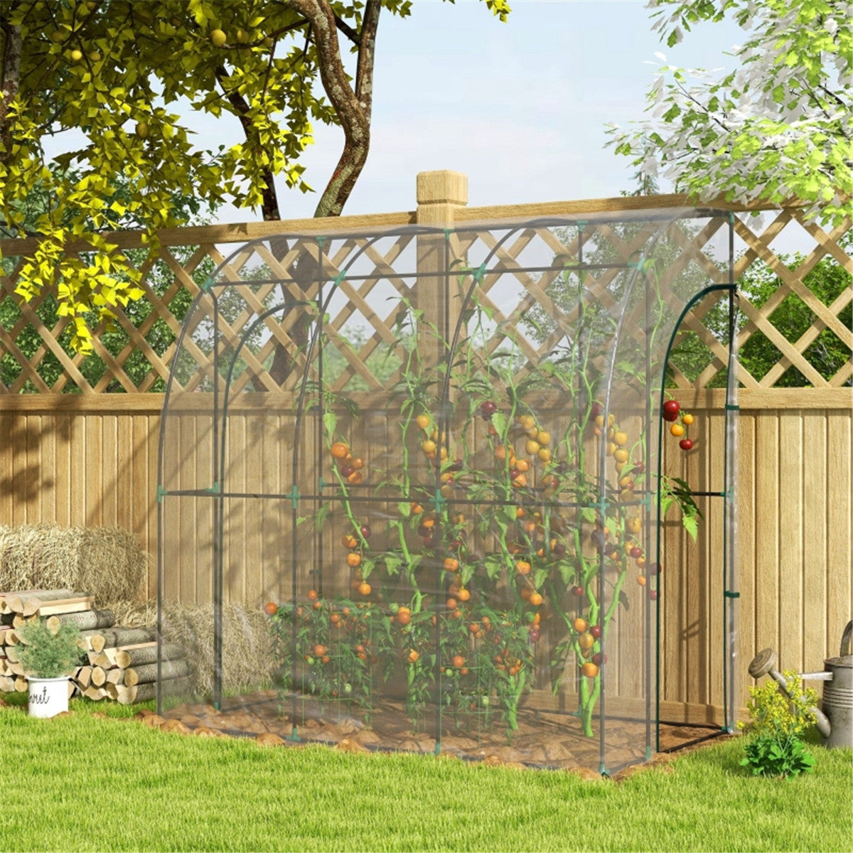 Walk-In Lean-to Wall Tunnel Greenhouse with Steel Frame & 2 Zipped Doors – 214 x 118 x 212cm, Clear & Green