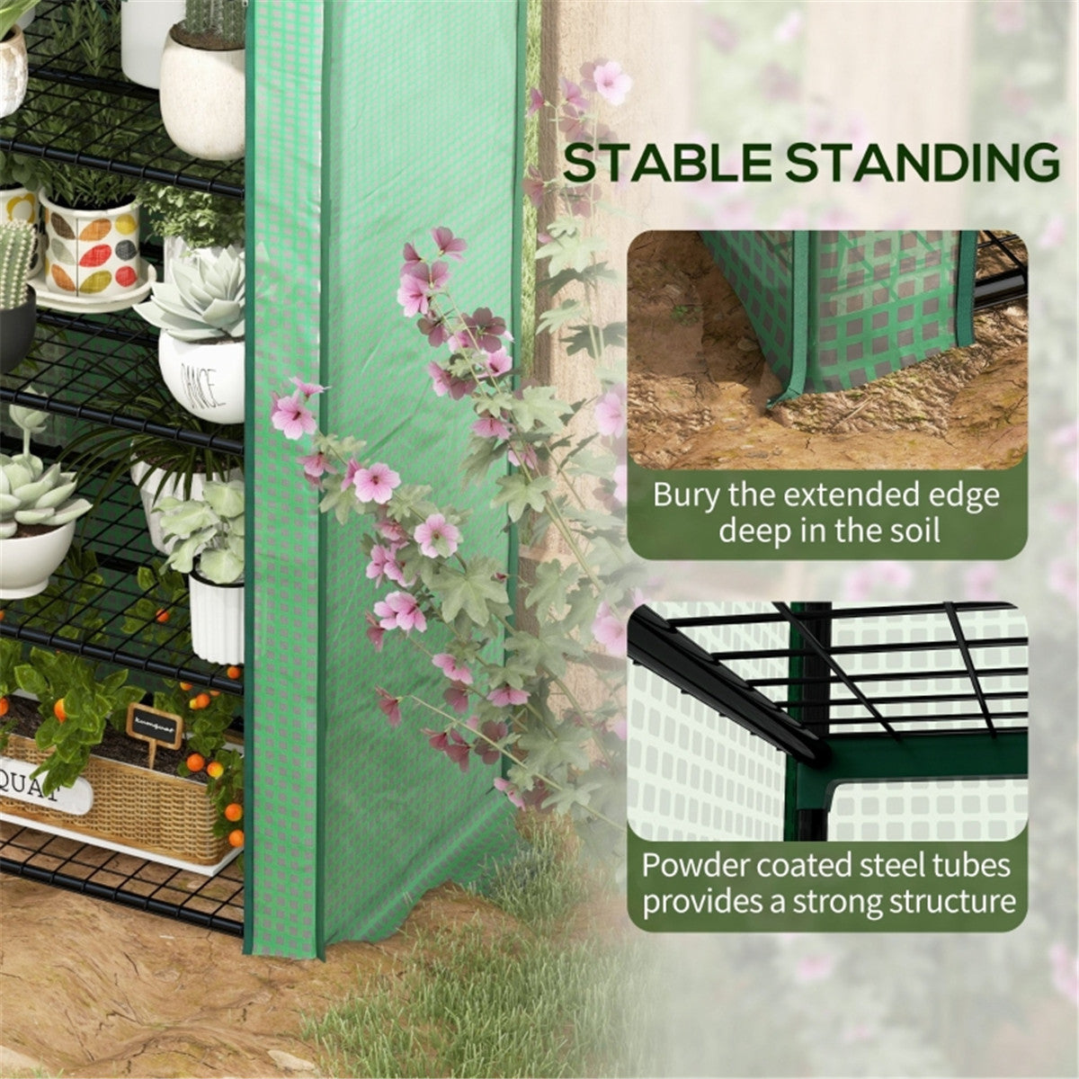 4-Tier Mini Greenhouse with Roll-up Door & Reinforced Cover – Steel Frame Plant Grow House, 90 x 49 x 160cm, Green