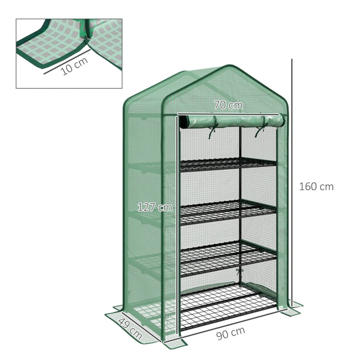 4-Tier Mini Greenhouse with Roll-up Door & Reinforced Cover – Steel Frame Plant Grow House, 90 x 49 x 160cm, Green