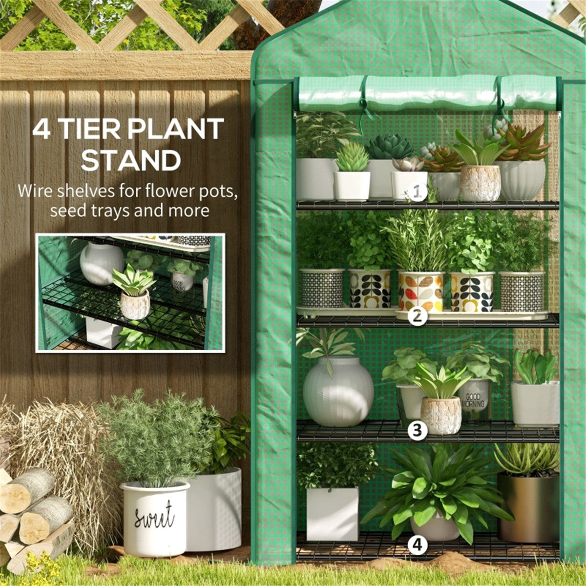 4-Tier Mini Greenhouse with Roll-up Door & Reinforced Cover – Steel Frame Plant Grow House, 90 x 49 x 160cm, Green