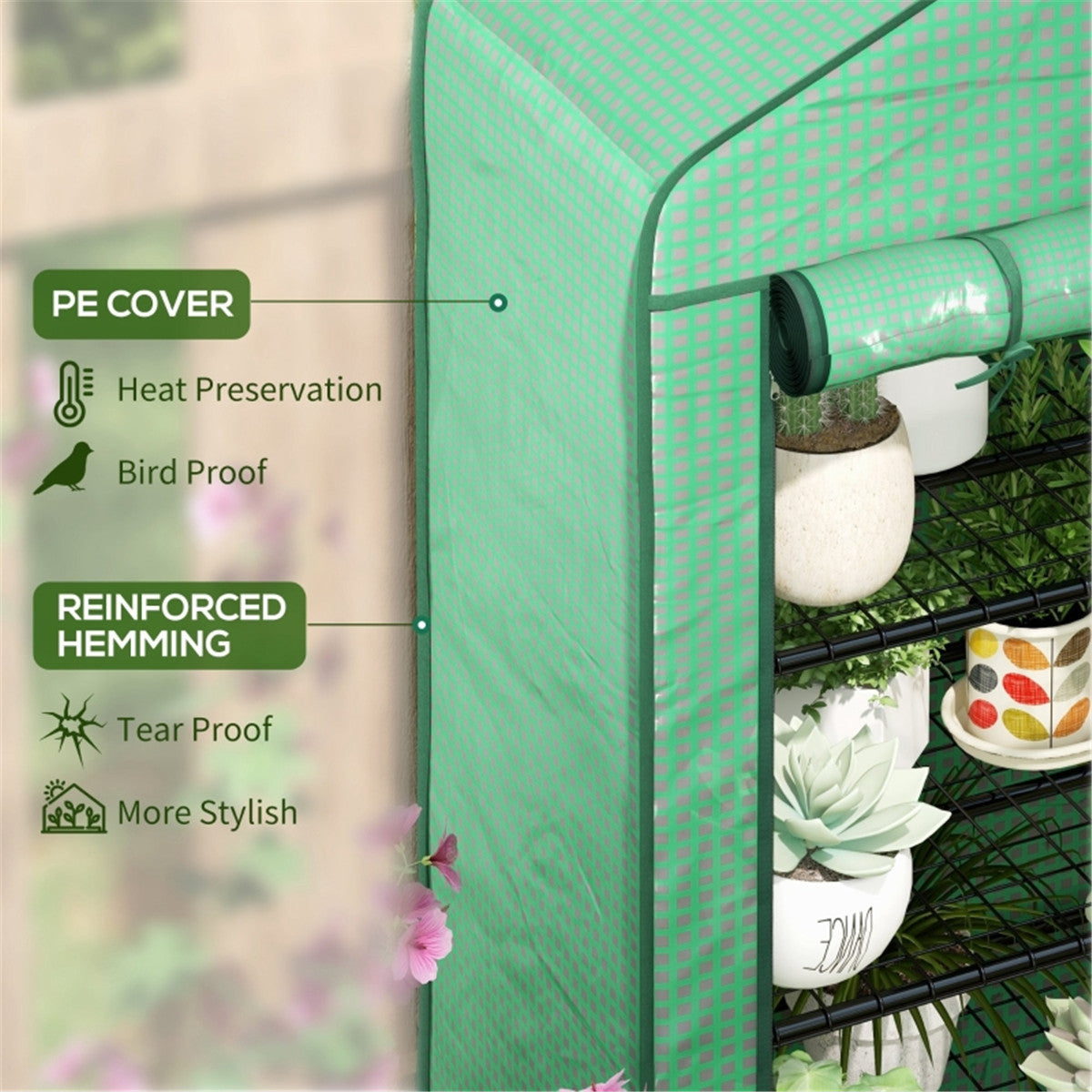 4-Tier Mini Greenhouse with Roll-up Door & Reinforced Cover – Steel Frame Plant Grow House, 90 x 49 x 160cm, Green