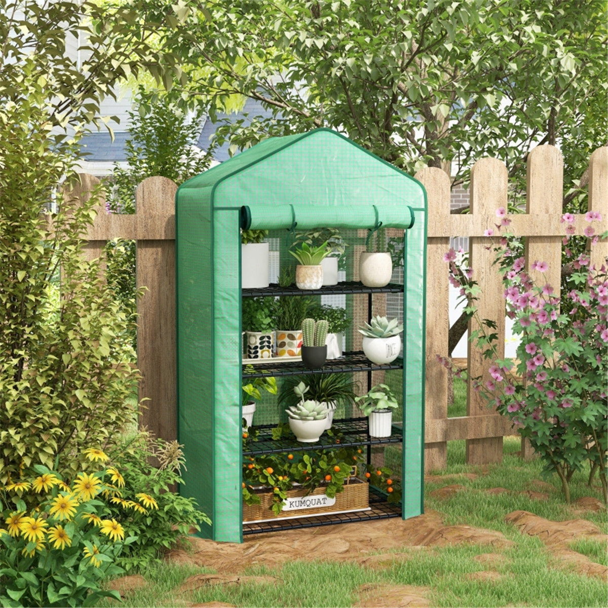 4-Tier Mini Greenhouse with Roll-up Door & Reinforced Cover – Steel Frame Plant Grow House, 90 x 49 x 160cm, Green