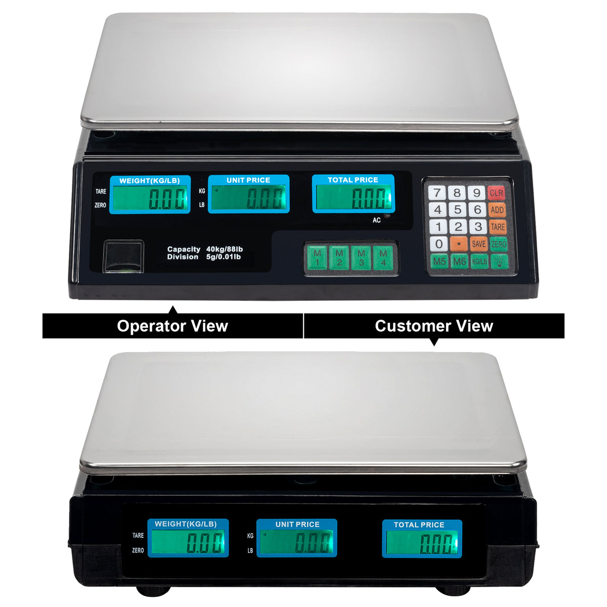ACS-30 Digital Price Computing Scale 40kg/5g with Backlit LCD – Retail Scale, UK Plug, Silver & Black