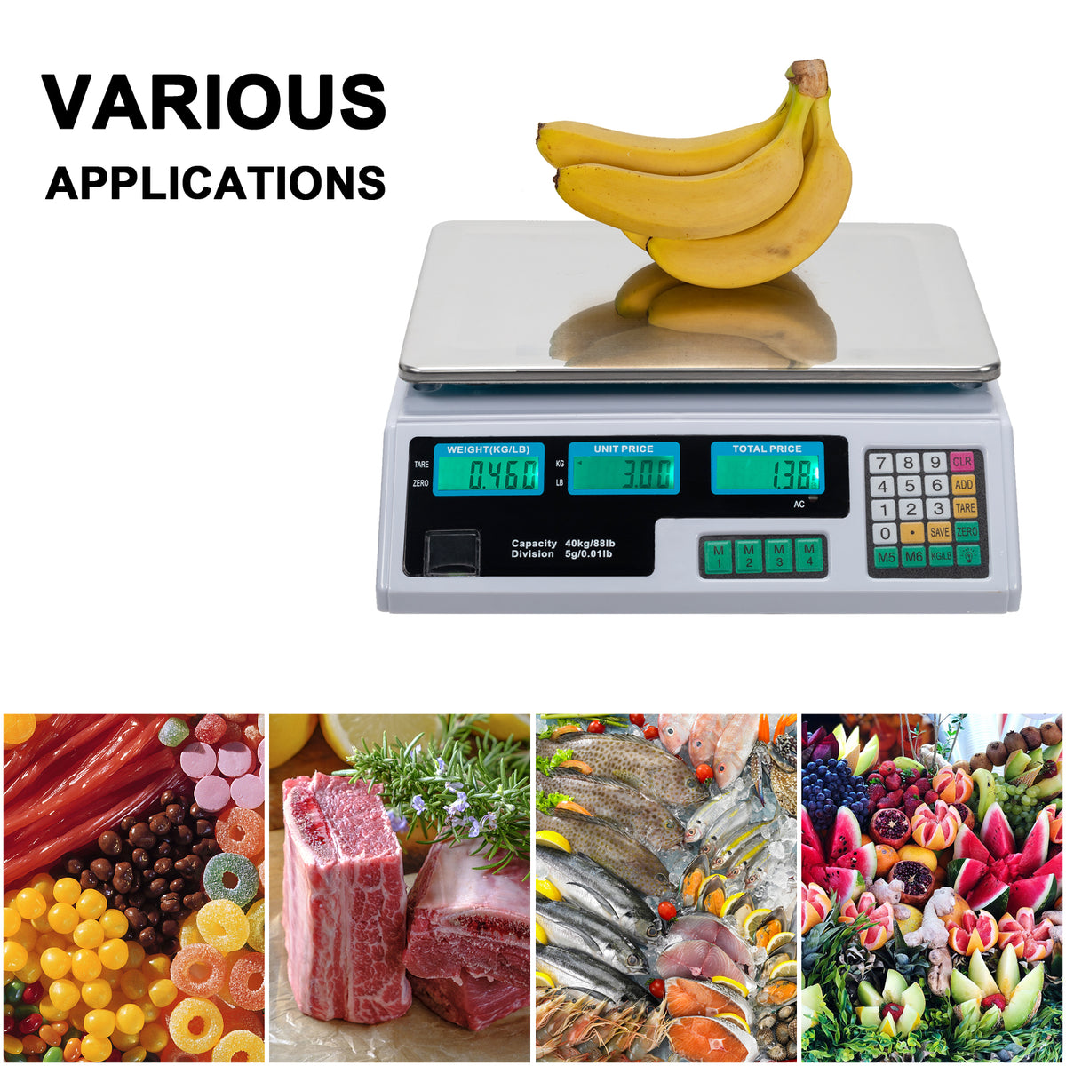 ACS-30 Digital Price Computing Scale, 40kg/5g with Backlit LCD – Retail Vegetable Scale, UK Plug, Silver