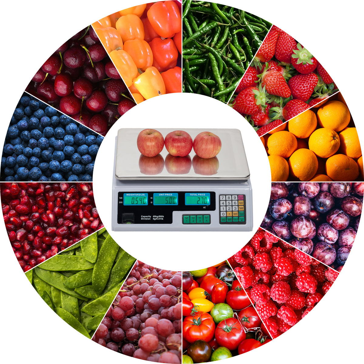 ACS-30 Digital Price Computing Scale, 40kg/5g with Backlit LCD – Retail Vegetable Scale, UK Plug, Silver